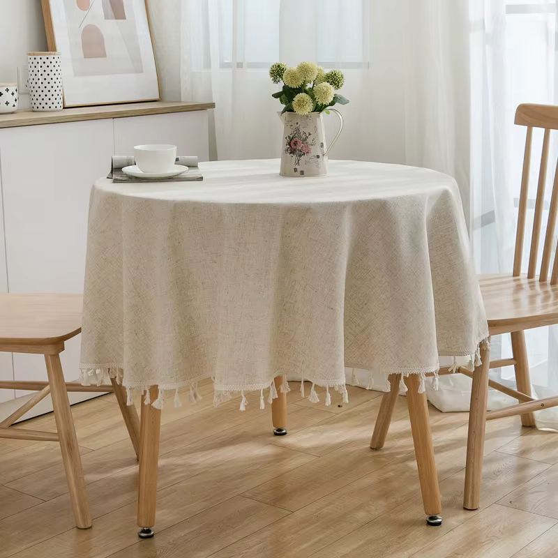 Nappe ronde de couleur unie 120/150cm, tissu en coton et lin, couverture de Table anti-poussière ave