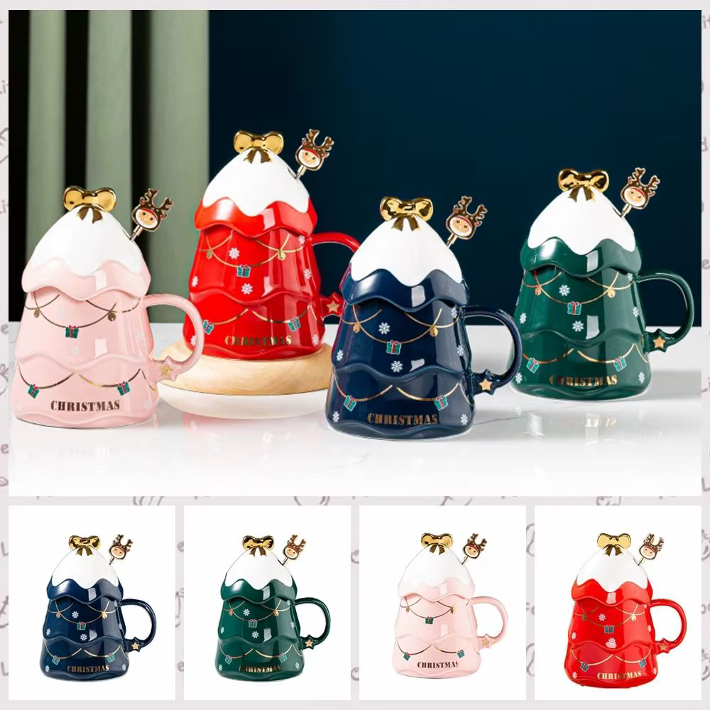 avec couvercle et cuillère Tasse en céramique pour arbre de Noël Tasse à café de Noël en forme d'arb