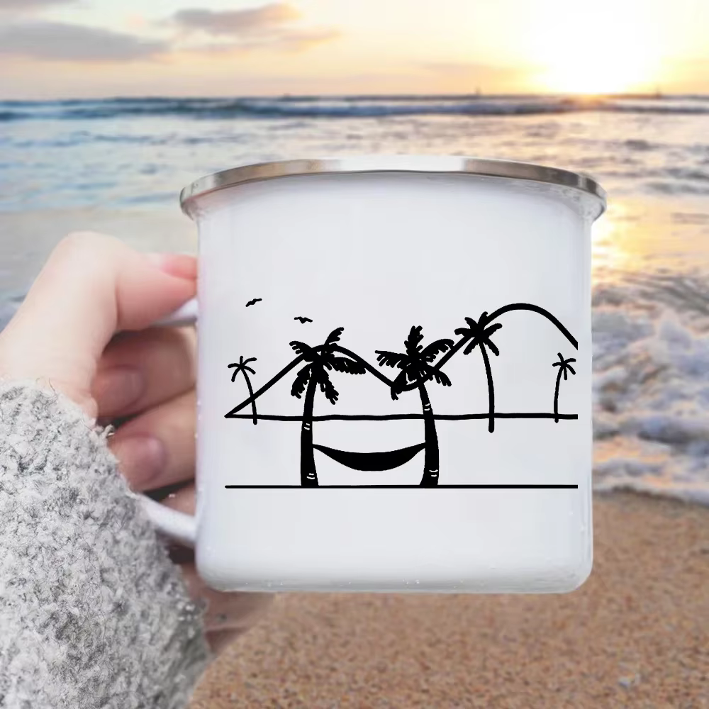 Tasse à café en émail personnalisée, feu de camp de plage, surfeur, camping-car, plongeurs sous-mari