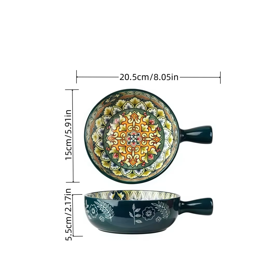 Bol à salade à motif relief peint à la main avec poignée, bol à pâtes, ustensiles de cuisine, adapté