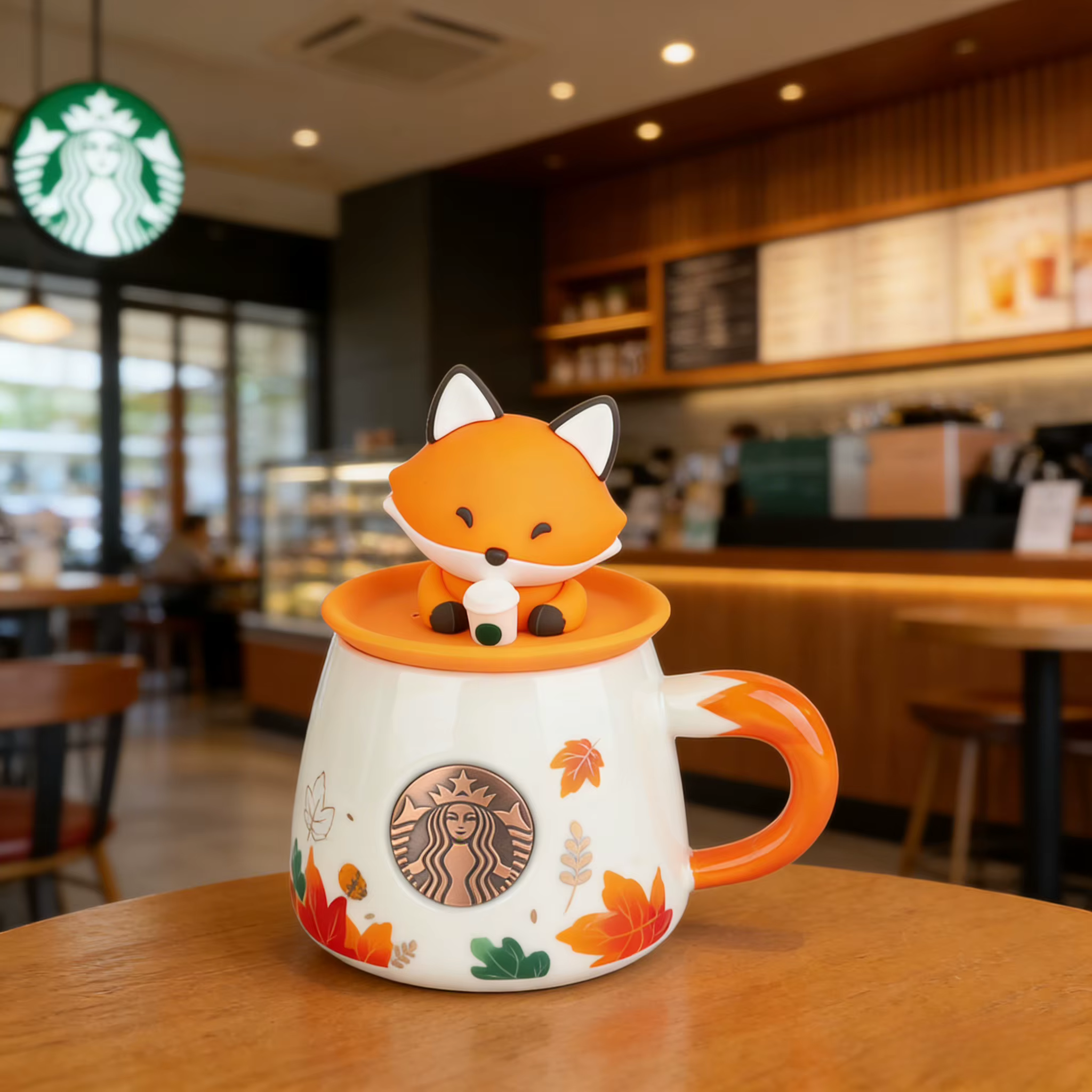 Tasse Starbucks Autumn Forest Cute Fox 300ml en céramique avec motif feuille d'érable pour café et e