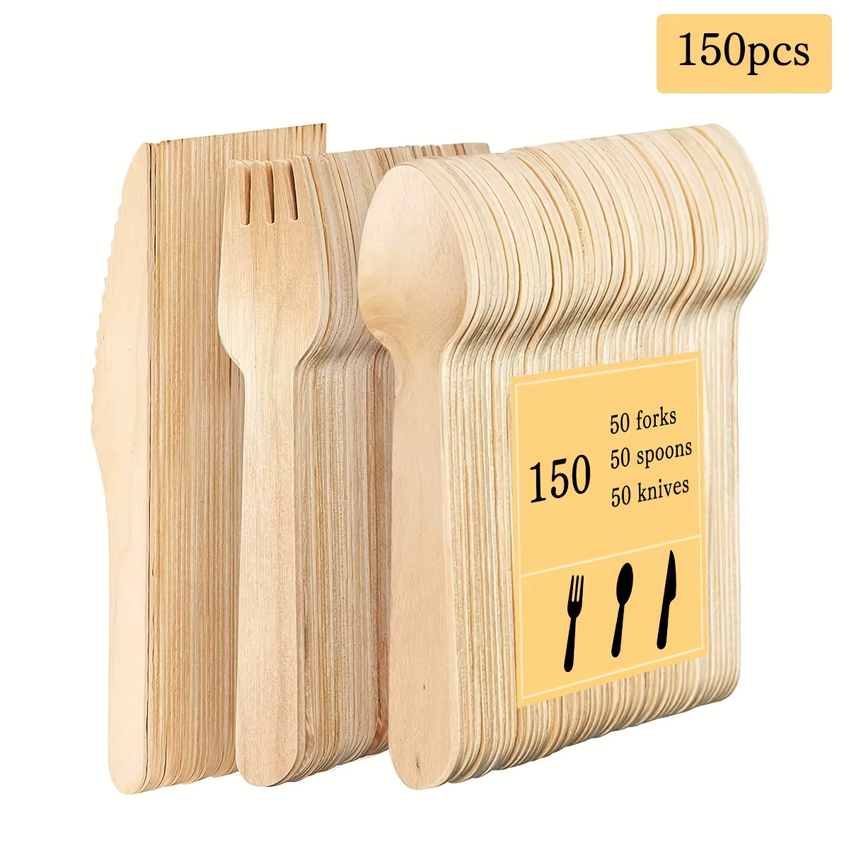 Ensemble de couverts jetables en bois de 14 cm, 150 pièces | 50 fourchettes 50 cuillères 50 cout