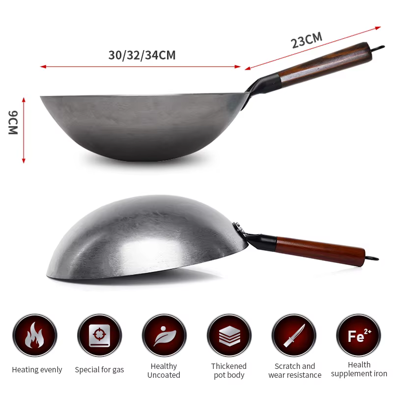 Wok traditionnel en fer, Woks sans revêtement forgé à la main pour poêle de cuisine manche en bois W