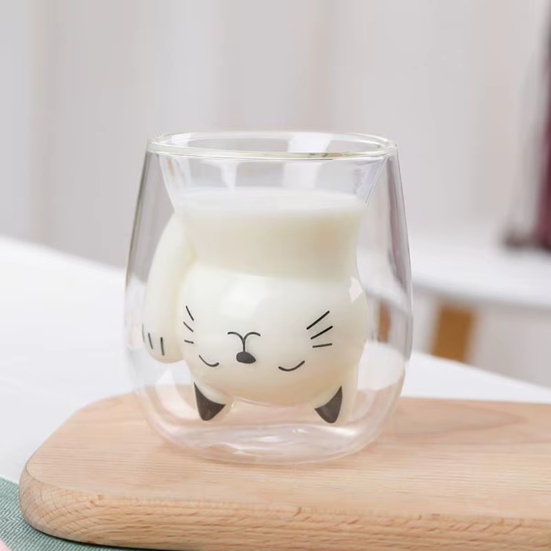 Mug à café en verre à double paroi motif chaton mignon, idéal pour le lait, le jus, le petit-déjeune