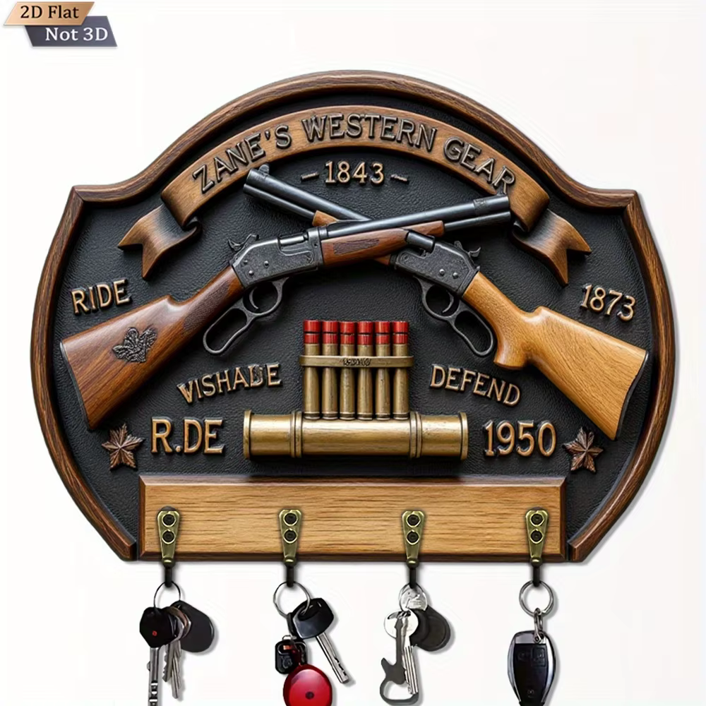 Porte-clés mural multifonctionnel en bois, style western rétro 2D, avec double support pour clés, dé