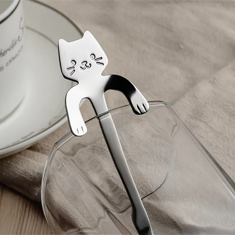 Cuillère à café en acier inoxydable, joli cuillère à café en forme de chat mignon, cuillère à Desser
