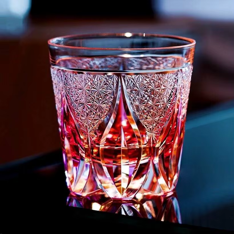 Verre à vin en cristal rose haut de gamme Edo Kiriko, tasse à whisky, sculpture à la main, motif de 