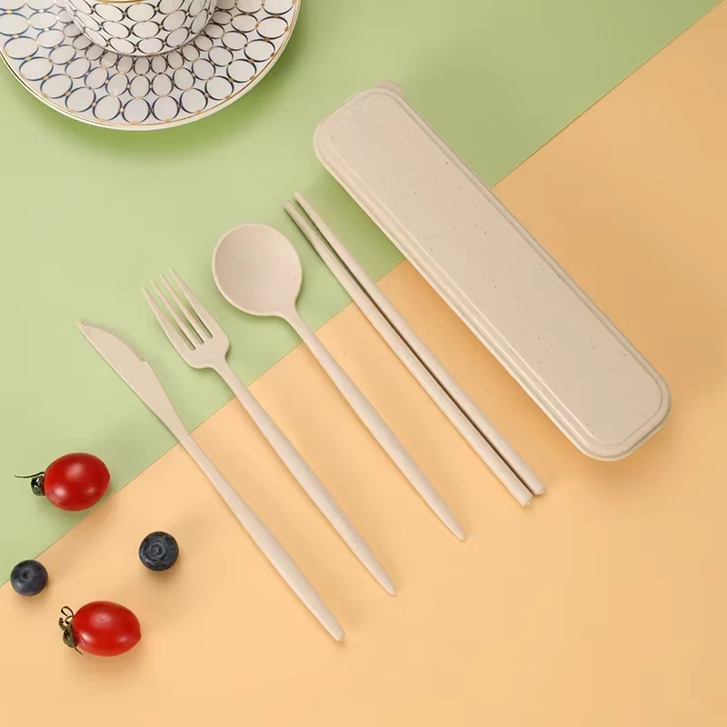 Couverts de voyage portables, ensemble de vaisselle avec boîte, baguettes, fourchette, cuillère, cou