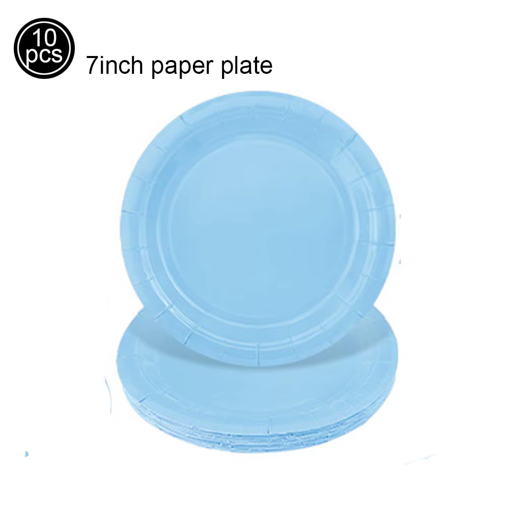 Vaisselle jetable thème bleu clair, assiettes en papier, serviettes, tasses, nappes, décorations de