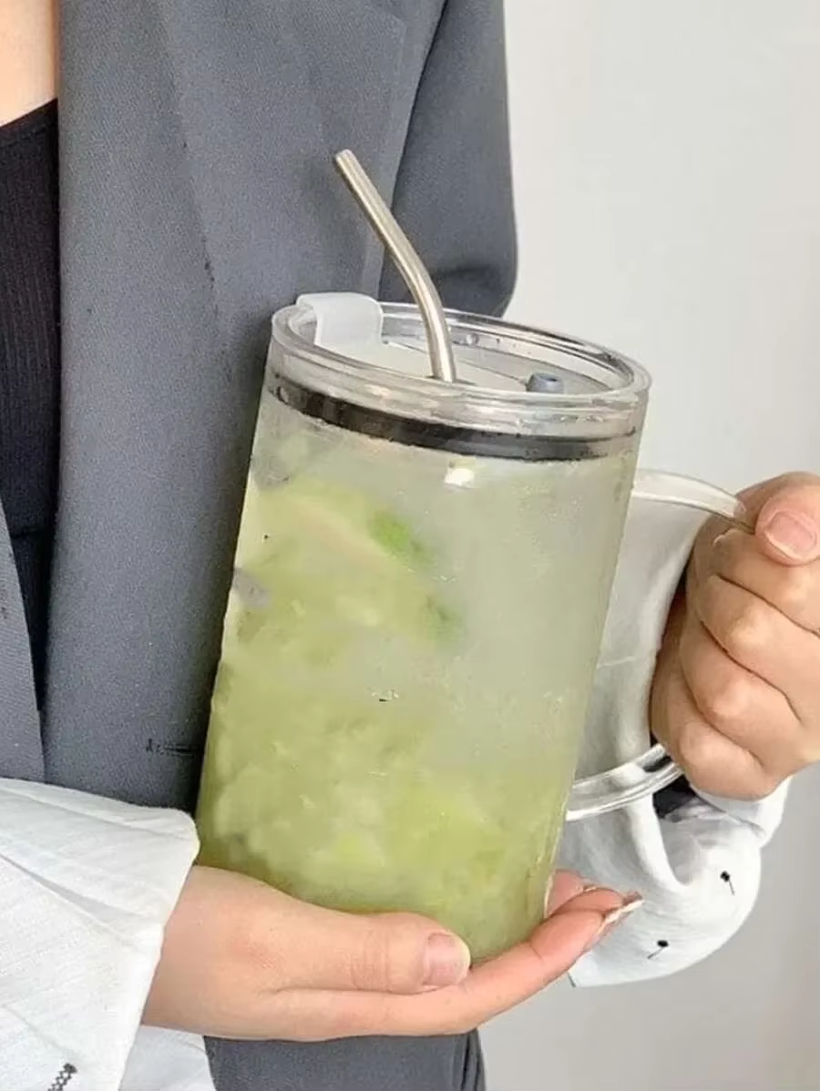 Gobelet en verre à boire de 1000ML, avec couvercle et paille, tasse à café transparente, jus de moka