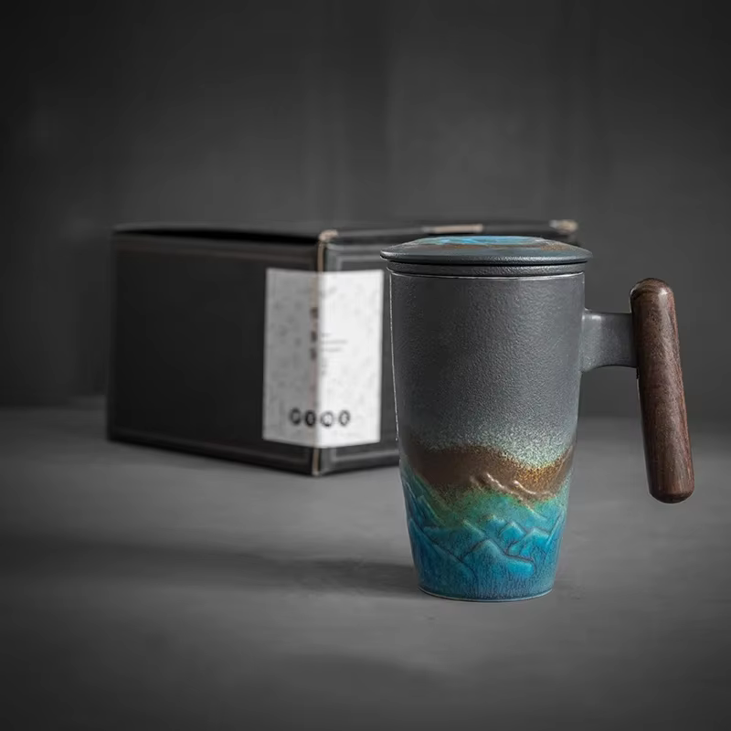 Tasse à café en céramique vintage, grande capacité avec couvercle, filtre, fait à la main, luxe, sta