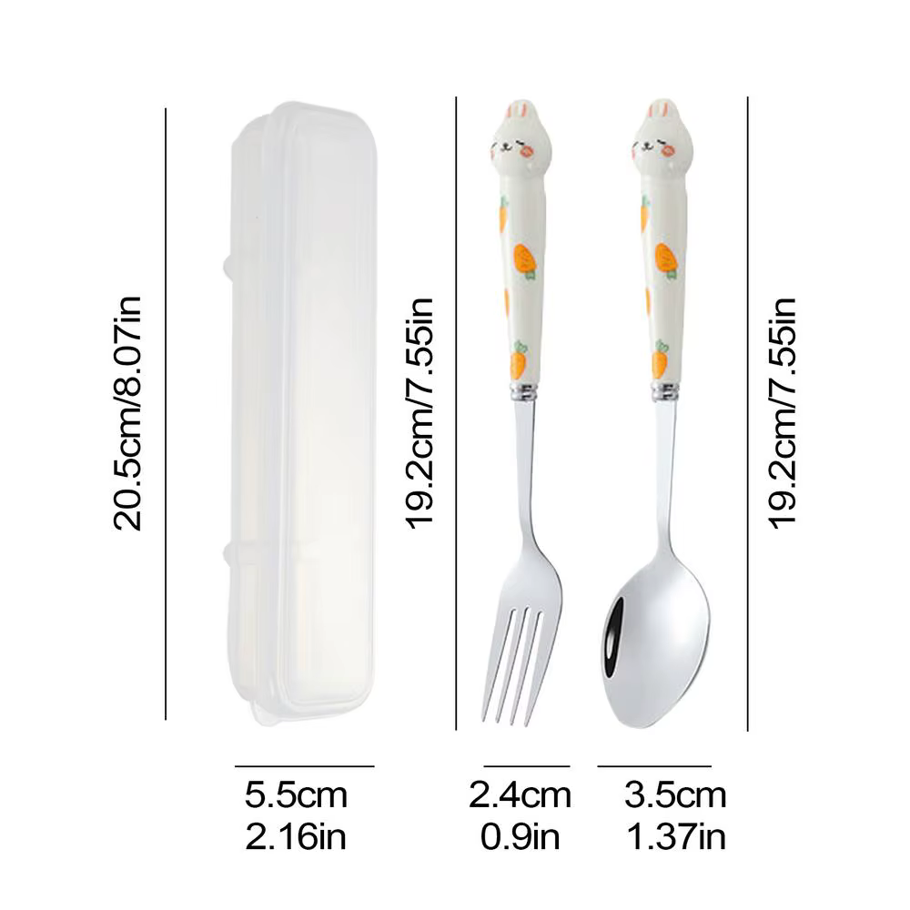 Ensemble de Couverts Mignons en Acier Inoxydable, Motif Lapin de Dessin Animé, Kit de Couverts Poli