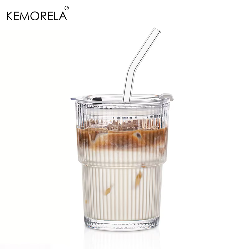 1/2 pièces 450ml tasse en verre à rayures tasses à boire en verre Transparent avec couvercle et pail