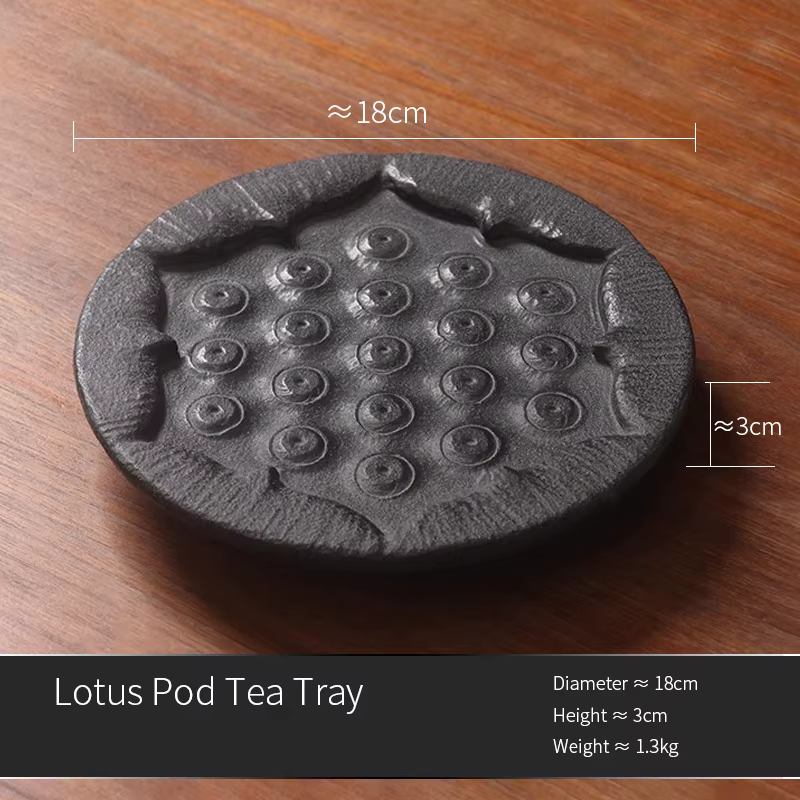 Plateau à thé Zen Lotus Pod – Basalt noir sculpté à la main, accessoire de cérémonie du thé en pierr