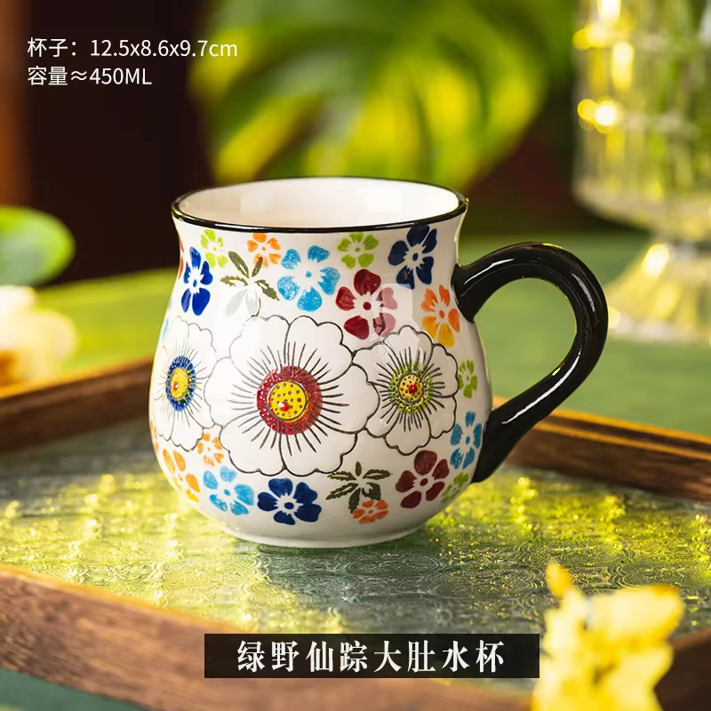Tasse en céramique faite à la main avec motif de fleurs rétro, tasse à café, tasse à lait, tasse à t