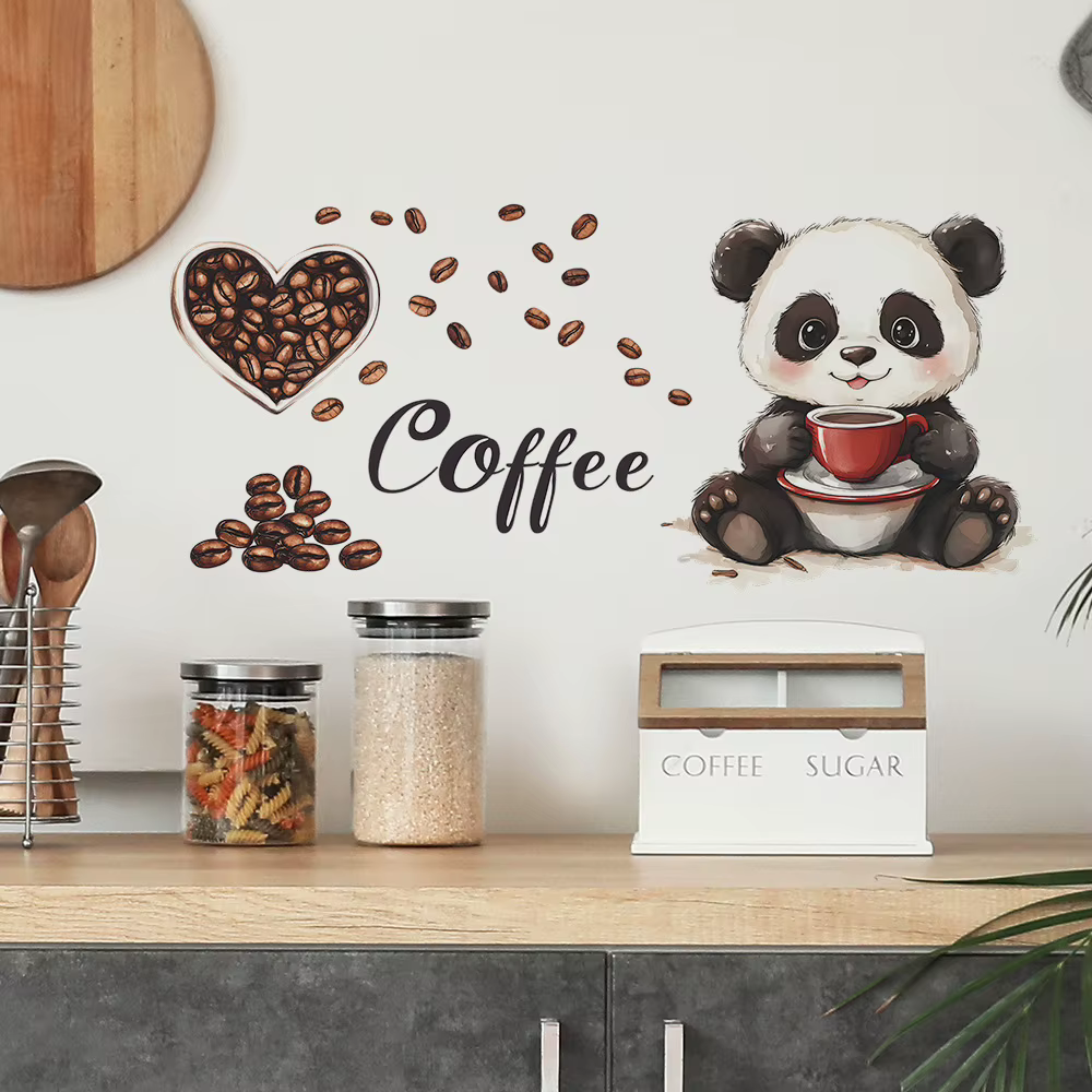 Autocollant mural de panda dessinant un panda buvant du café, décoration de fond pour salon, cuisine