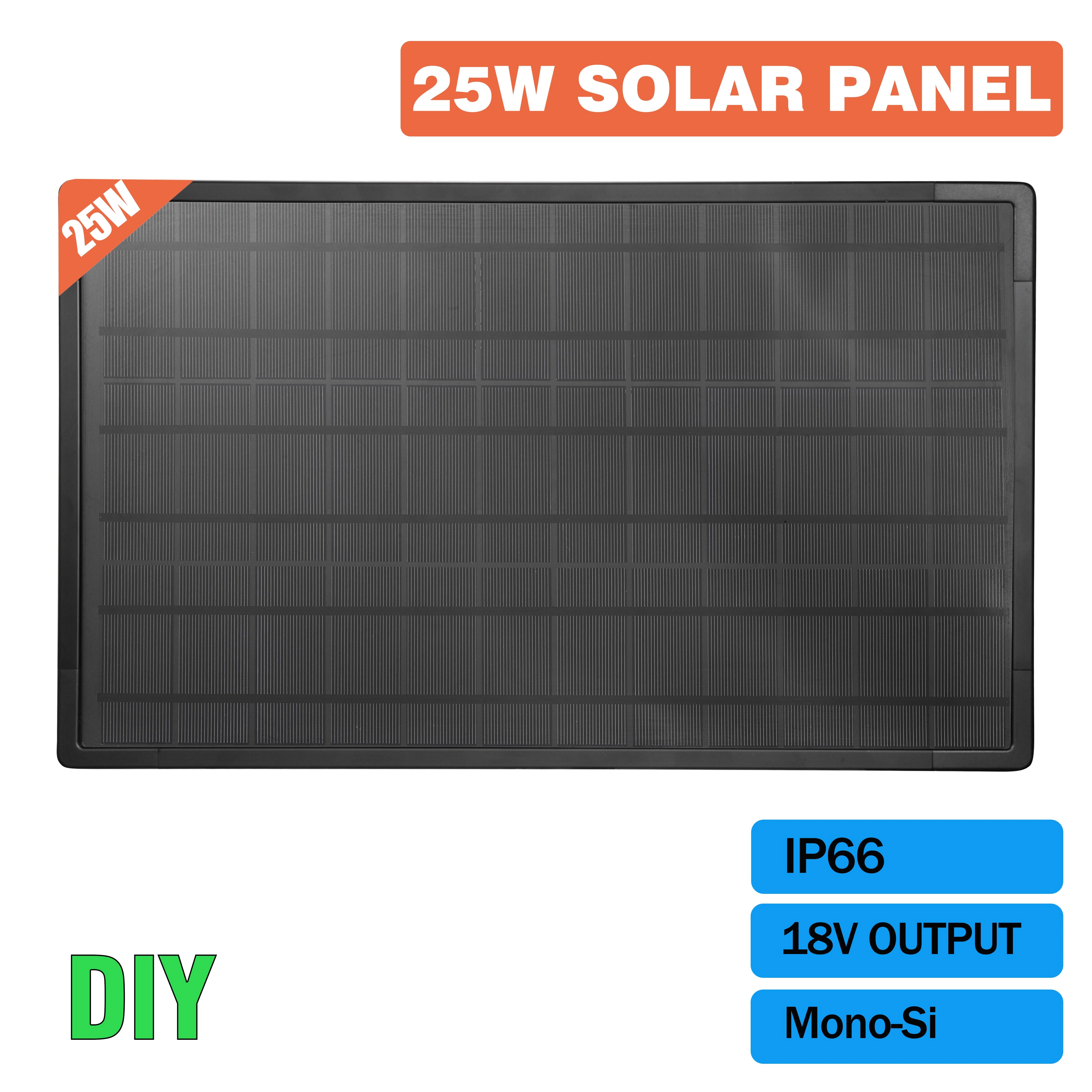 Panneau solaire mono-Si 25W en verre trempé, taux de conversion élevé de 25%, sortie 18V, module sol