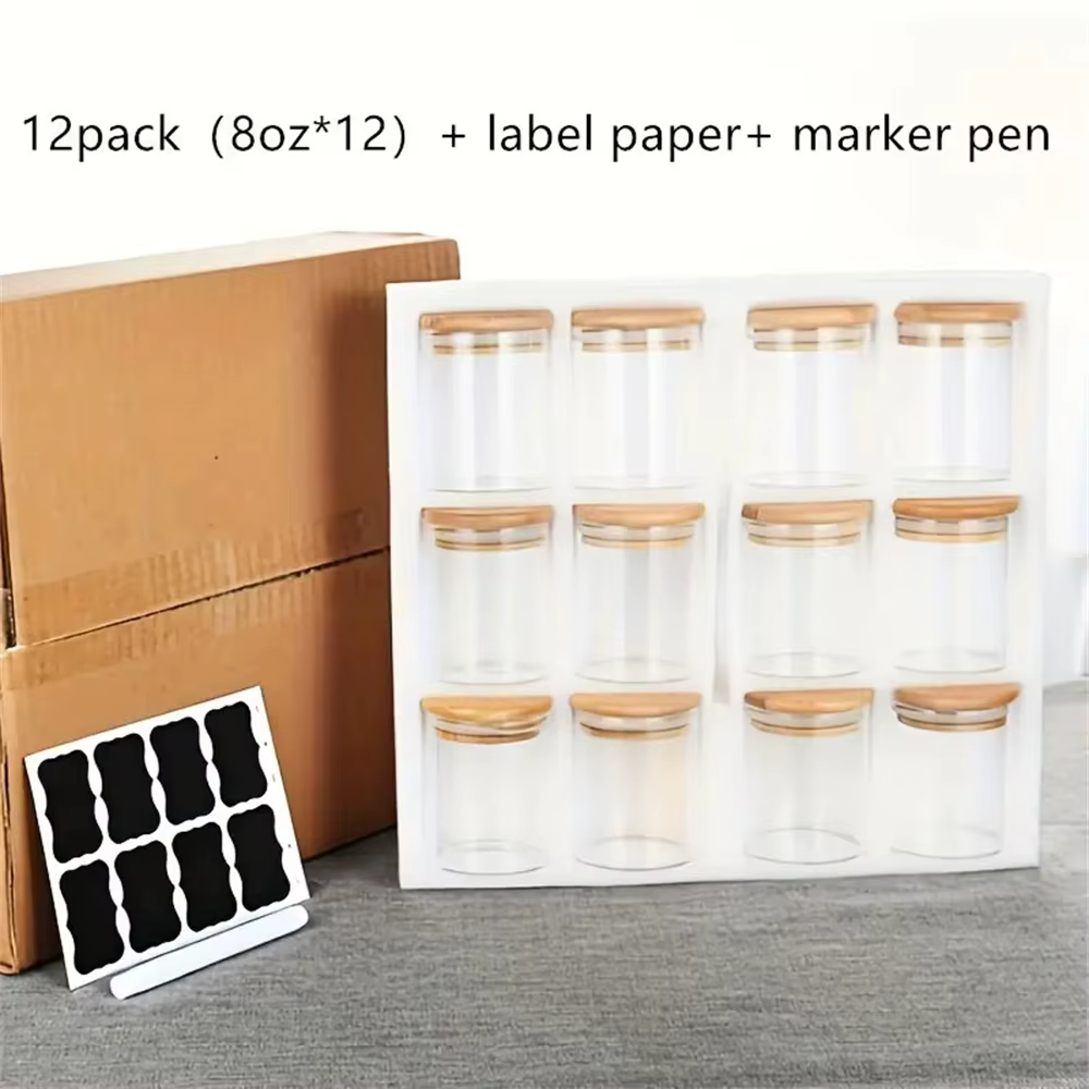 12 pots en verre avec couvercle en bambou 250 ml, récipients de stockage alimentaire pour thé, café,