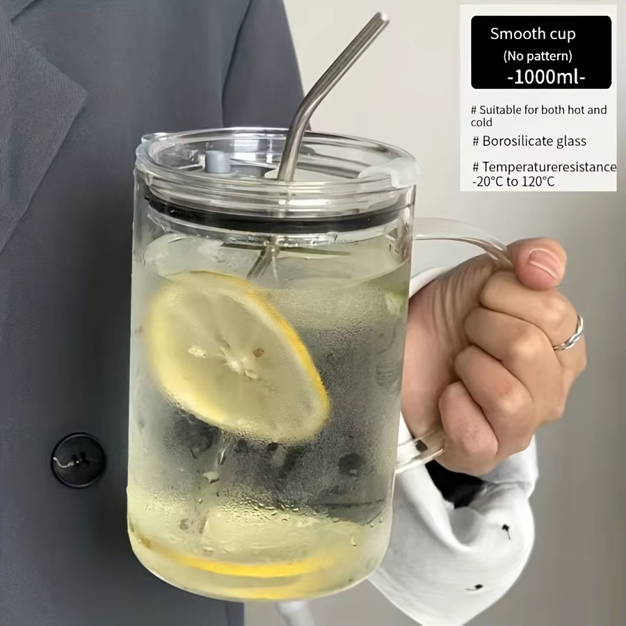 Grand verre avec couvercle et paille de 1l, 1 pièce, tasse d'eau en verre robuste, tasses à café gla