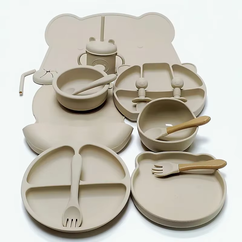 Ensemble d'ustensiles en silicone pour enfants, ensemble d'assiettes queplate, ventouse complémentai