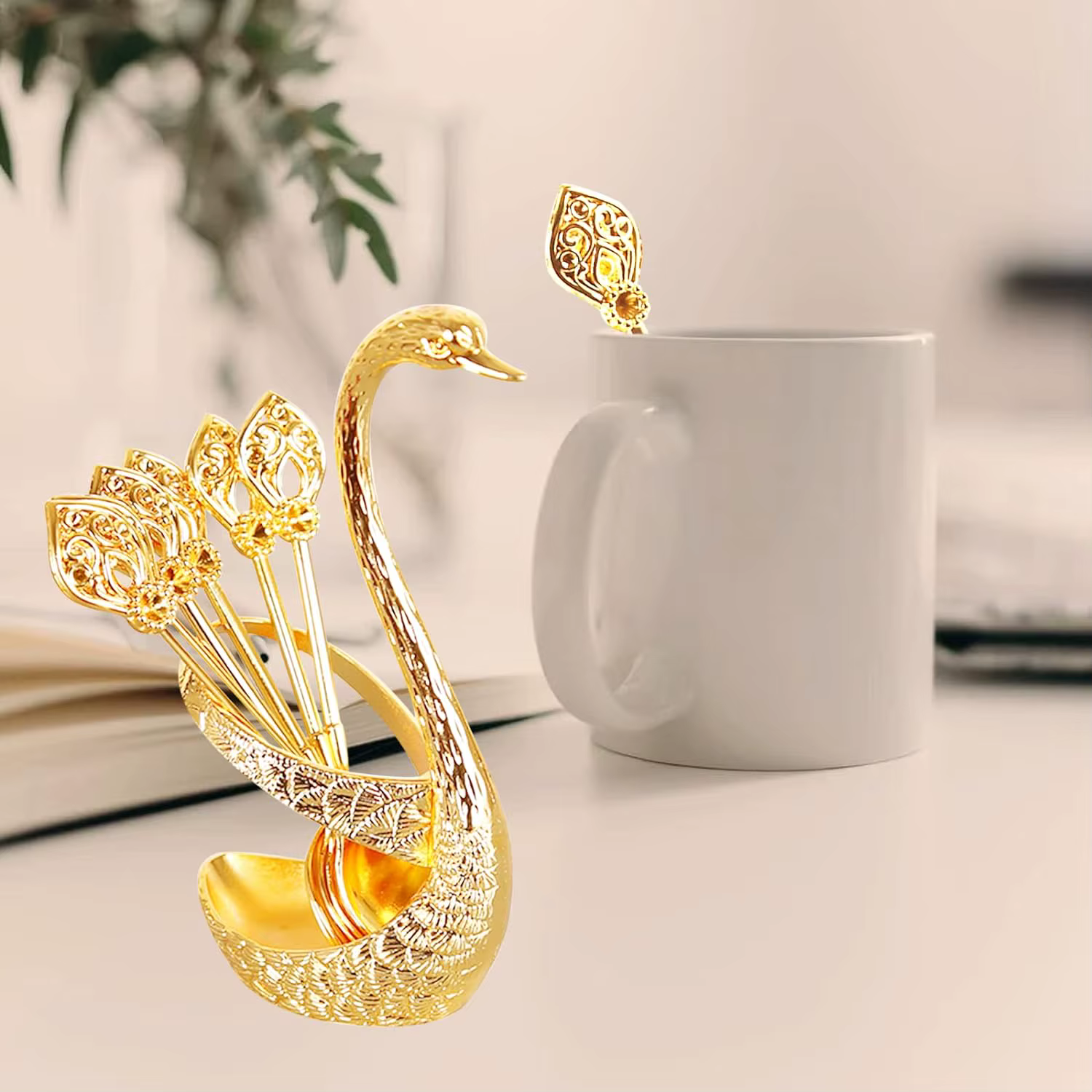 Gâteau de crème glacée café thé cuillères à remuer Dessert cygne support couverts cuillères ensemble