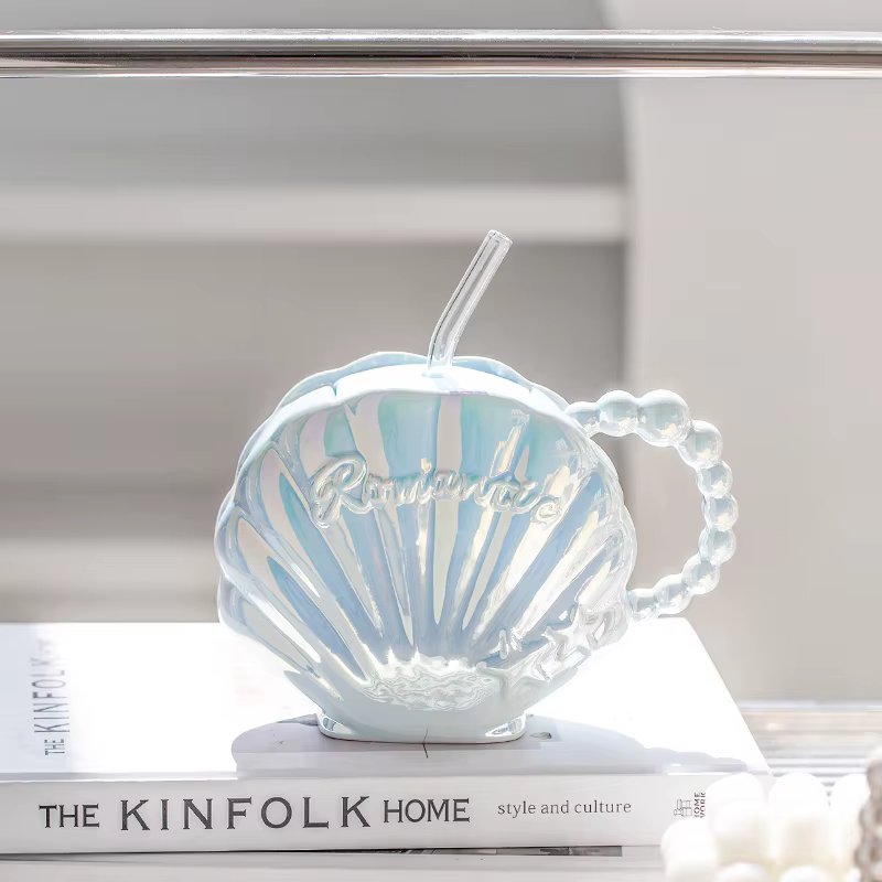 Tasse en céramique de coquille de perle haut de gamme avec paille, tasse à café de petit lot de styl