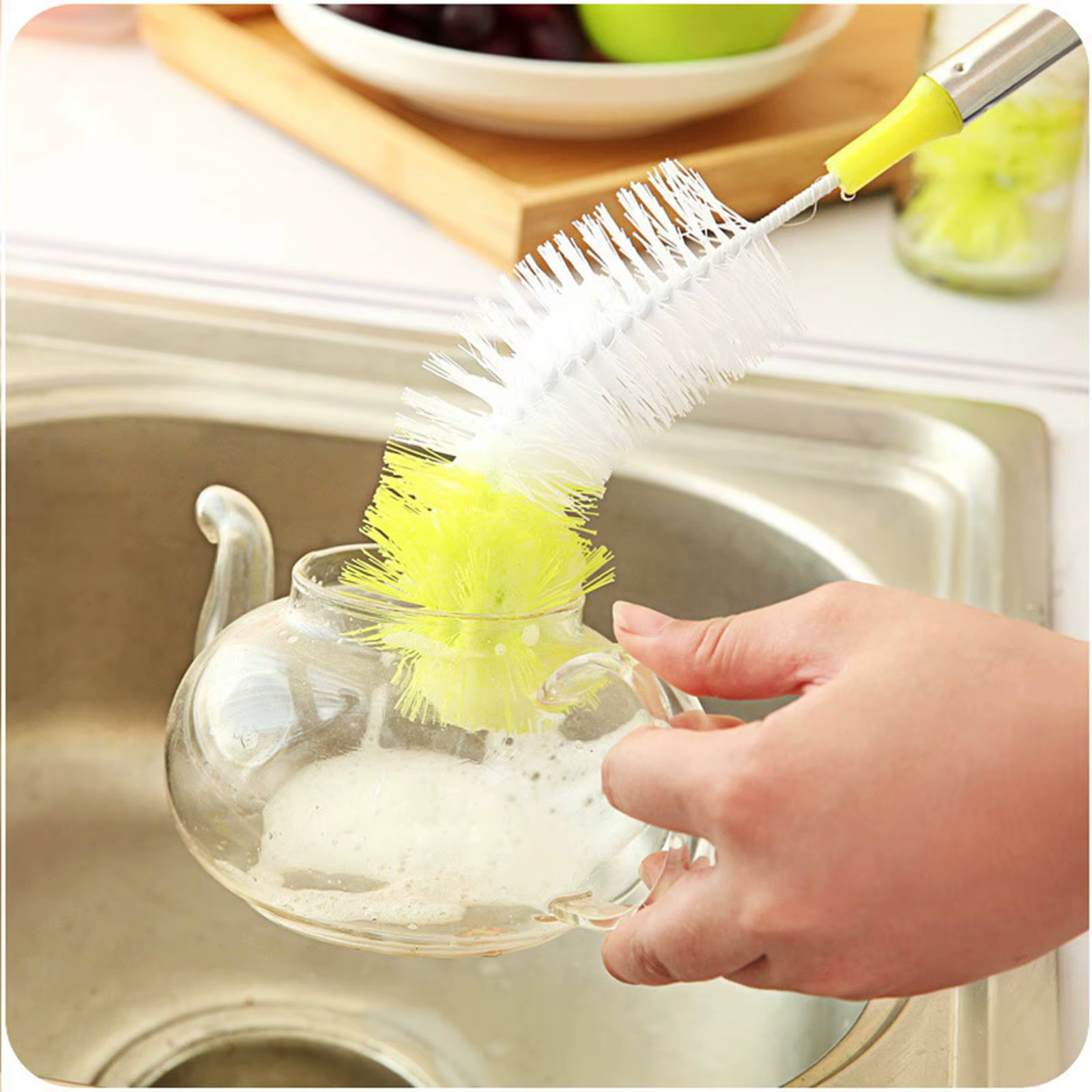 Brosse de nettoyage de bouteilles à tête ronde incurvée, poignée en acier inoxydable, tasse de netto