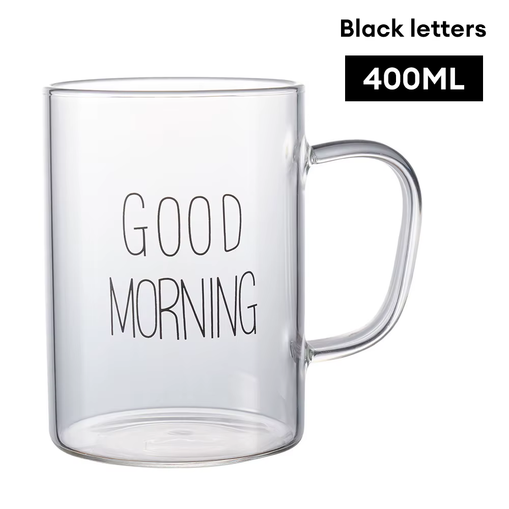 Tasse en verre du bonjour, café, lait, petit déjeuner, gobelet avec poignée, verres transparents, ca