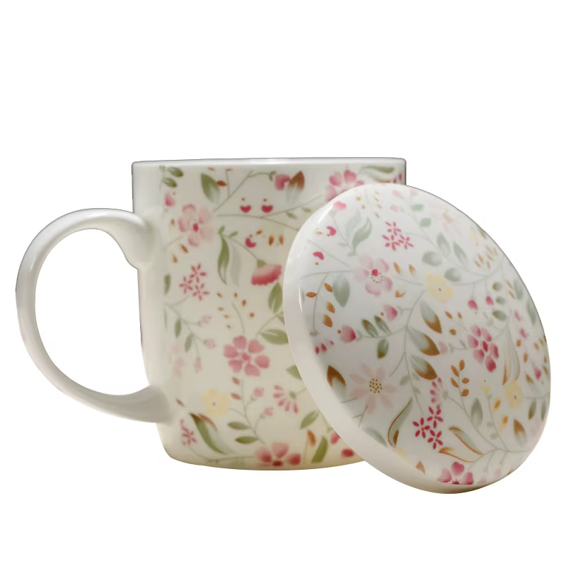 Tasse à café en porcelaine véritable, tasse originale à motifs floraux, tasse en céramique avec couv