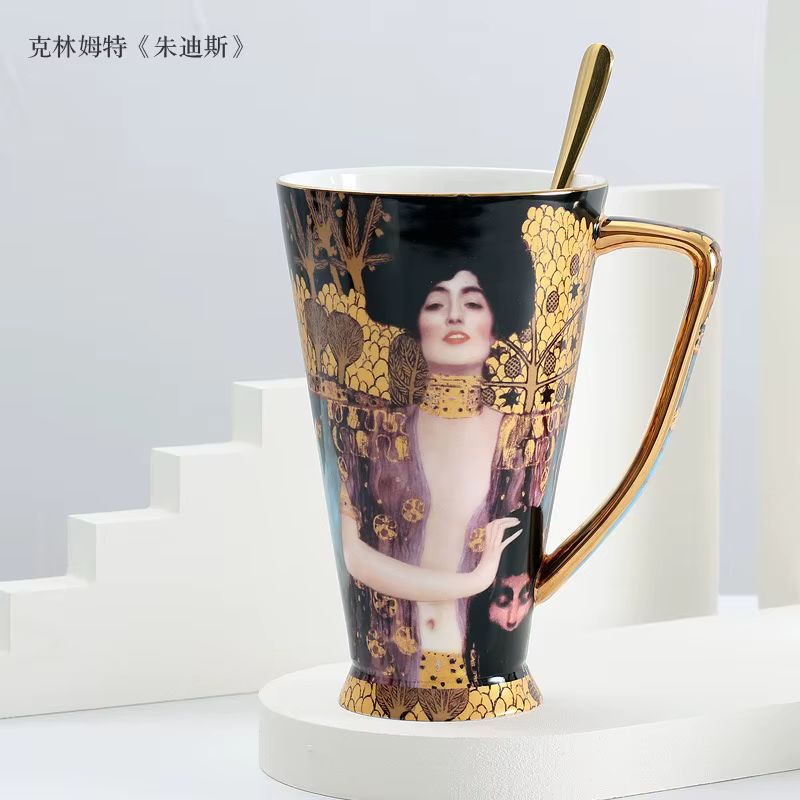 Tasse à café Gustav Klimt en porcelaine fine, tasses à thé avec cuillère, grande capacité, vaisselle