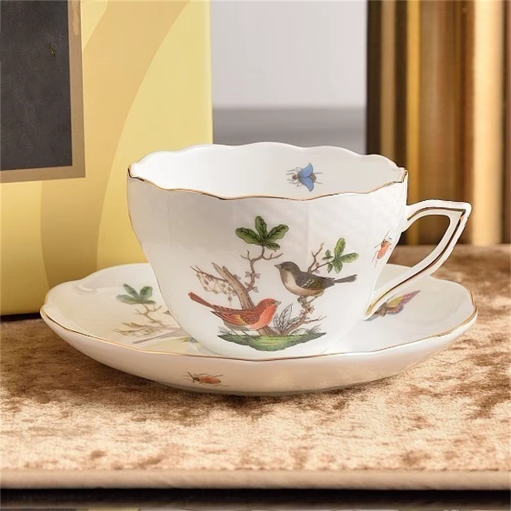 Tasse à café et soucoupe de thé de l'après-midi créative, impression de fleurs et d'oiseaux, ensembl