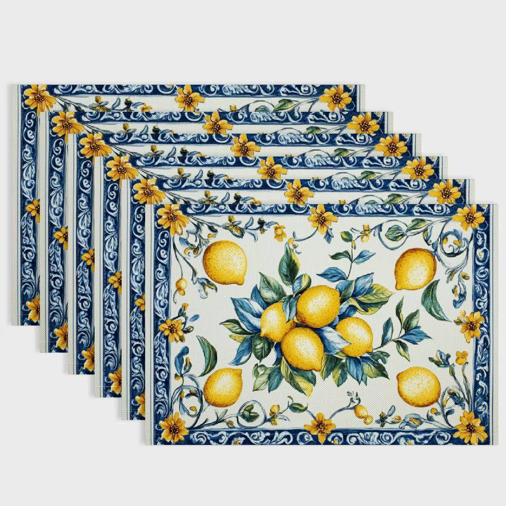 Napperons italiens au citron – Design citron jaune vif sur bleu et blanc, durables, lavables à la ma