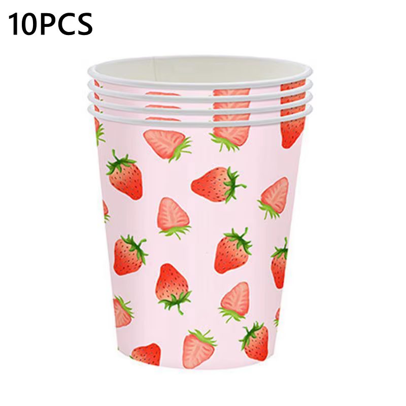 Assiettes jetables, tasses, nappe, vaisselle de fête aux fraises, fourniture de fête d'anniversaire