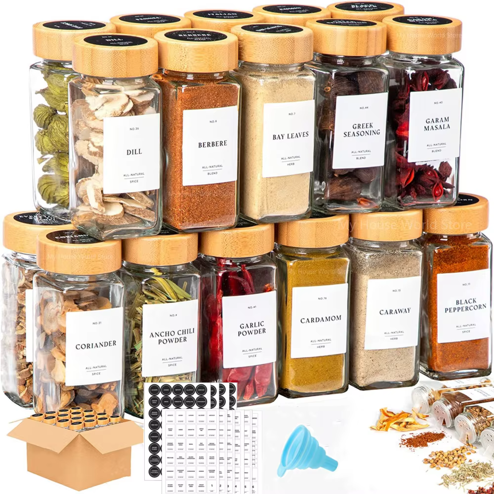 Pots à épices en verre avec couvercle en bambou, récipients d'assaisonnement, Pot à épices, salière,