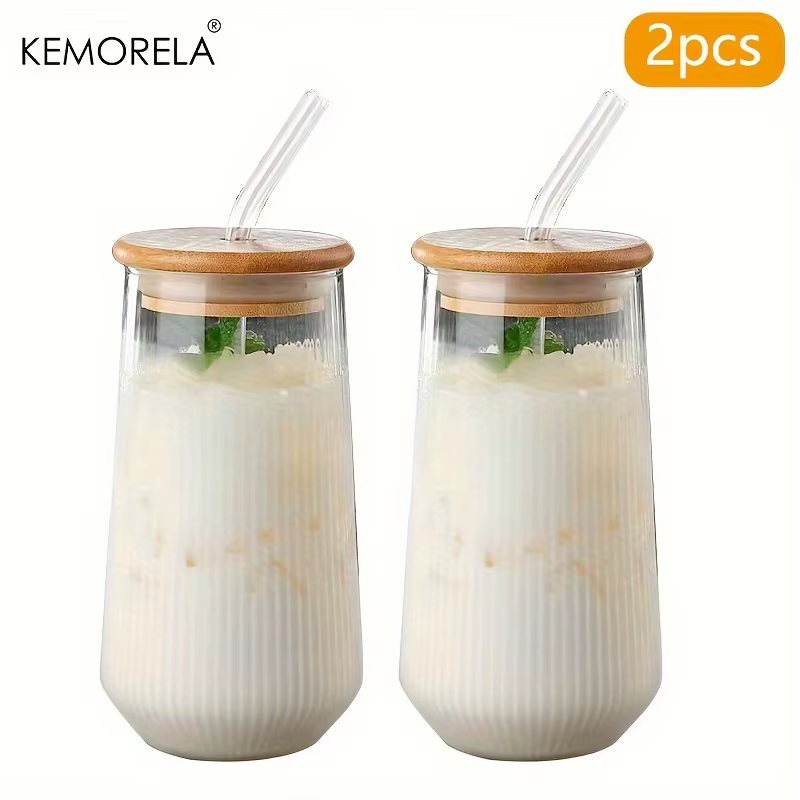 EllMORELA-Tasse en Verre Transparente à Rayures Verticales avec Couvercle, Paille, Café, Lait, Bière
