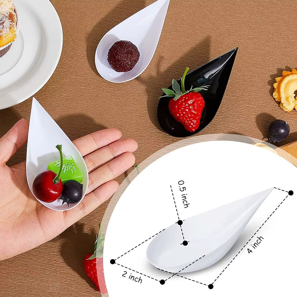 Mini-assiettes en forme de goutte d'eau, cuillères en plastique réutilisables, plats pour desserts e