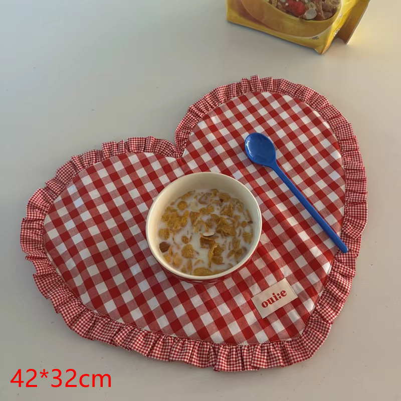 Napperons de table à manger coréens à carreaux en forme de cœur, sous-verres plissés en dentelle mig