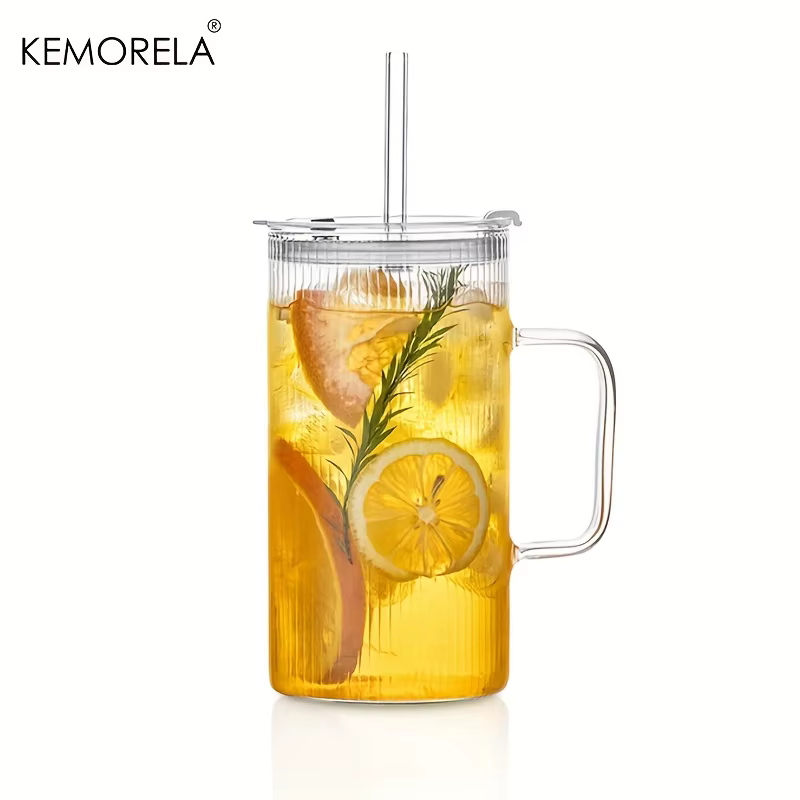 KEMORELA Grand gobelet en verre nervuré de 740 ml avec poignée et couvercle, ensemble de 1/2 gobelet