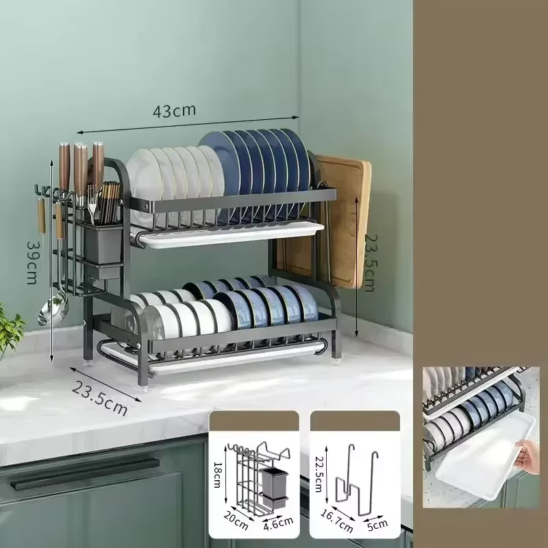 Égouttoir à vaisselle en acier inoxydable à 2 niveaux, avec porte-ustensiles, Compact, antirouille,