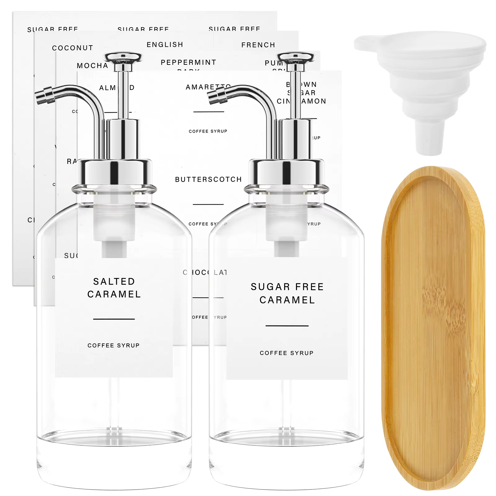 Ensemble de distributeur de sirop à café avec bambou, bouteille en verre réutilisable, entonnoir att