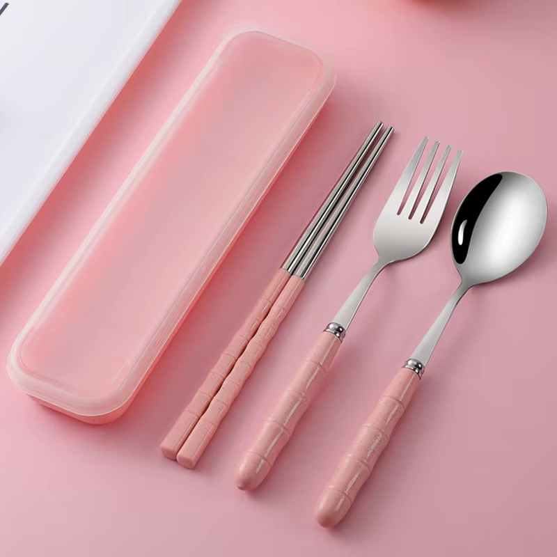 Ensemble de 3 couverts portables en acier inoxydable (fourchette, cuillère, baguettes) pour étudiant