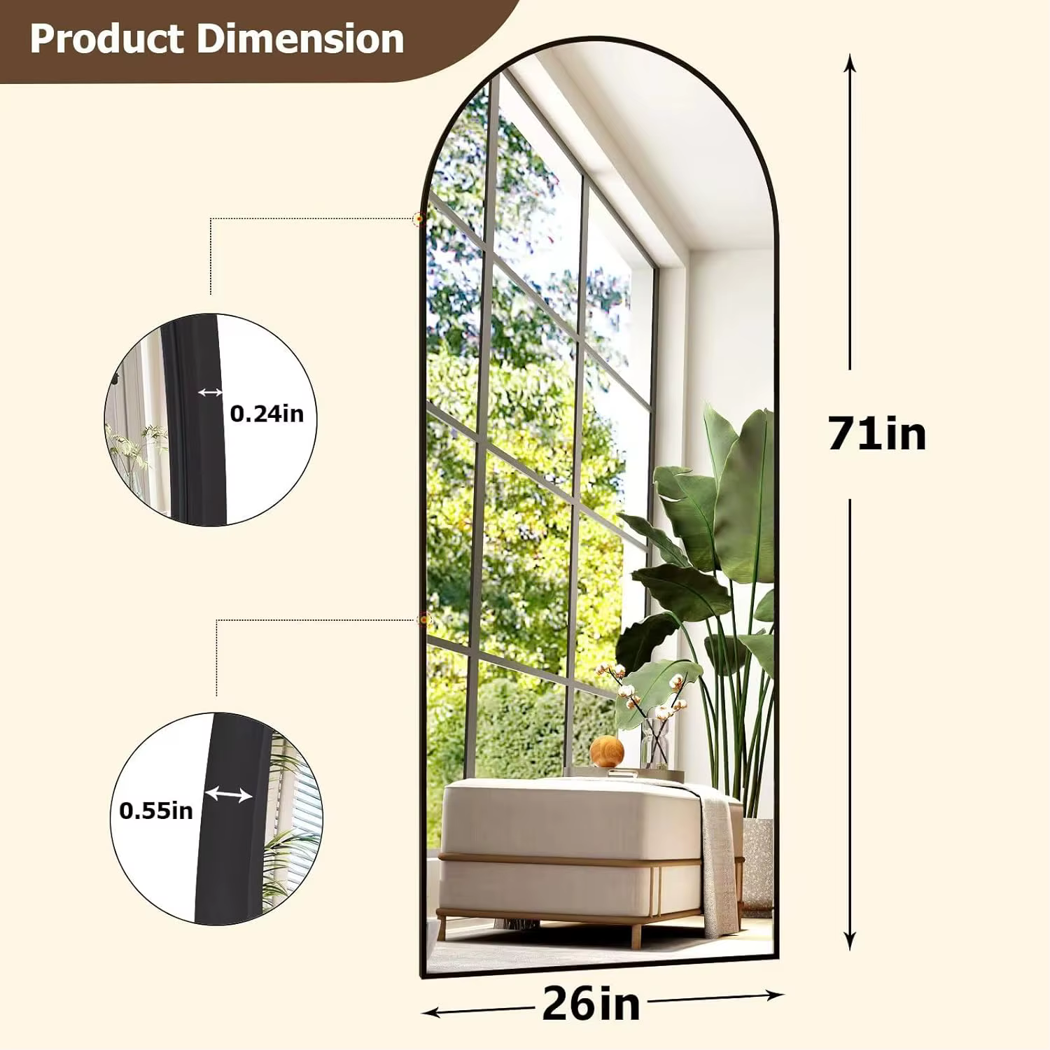 Miroir pleine longueur arqué 26" x 71" - Miroir complet - Miroirs de sol extra larges pour chambre, 