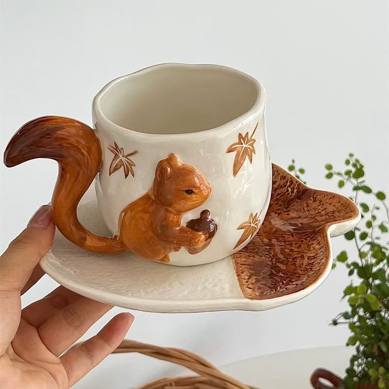 Ensemble créatif d'assiettes de tasse à café d'écureuil 3D, tasse en céramique de feuille d'érable p