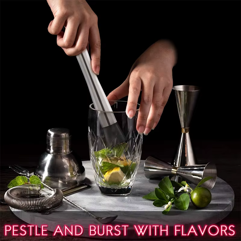 LMETJMA 10 pouces acier inoxydable Cocktail Muddler et cuillère à mélanger professionnel Bar Cocktai