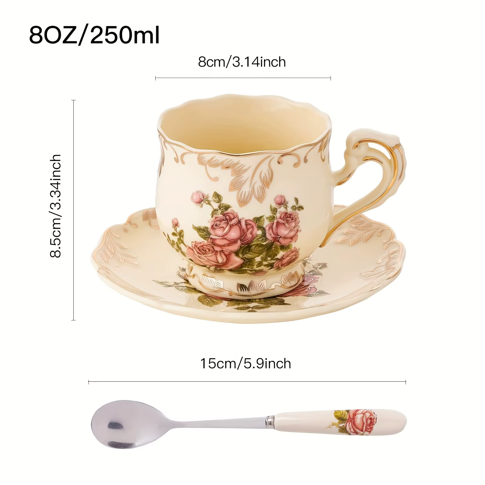 Théière en céramique rose / Tasse et soucoupe - Cafetière à bordure dorée - Cadeau élégant pour le t