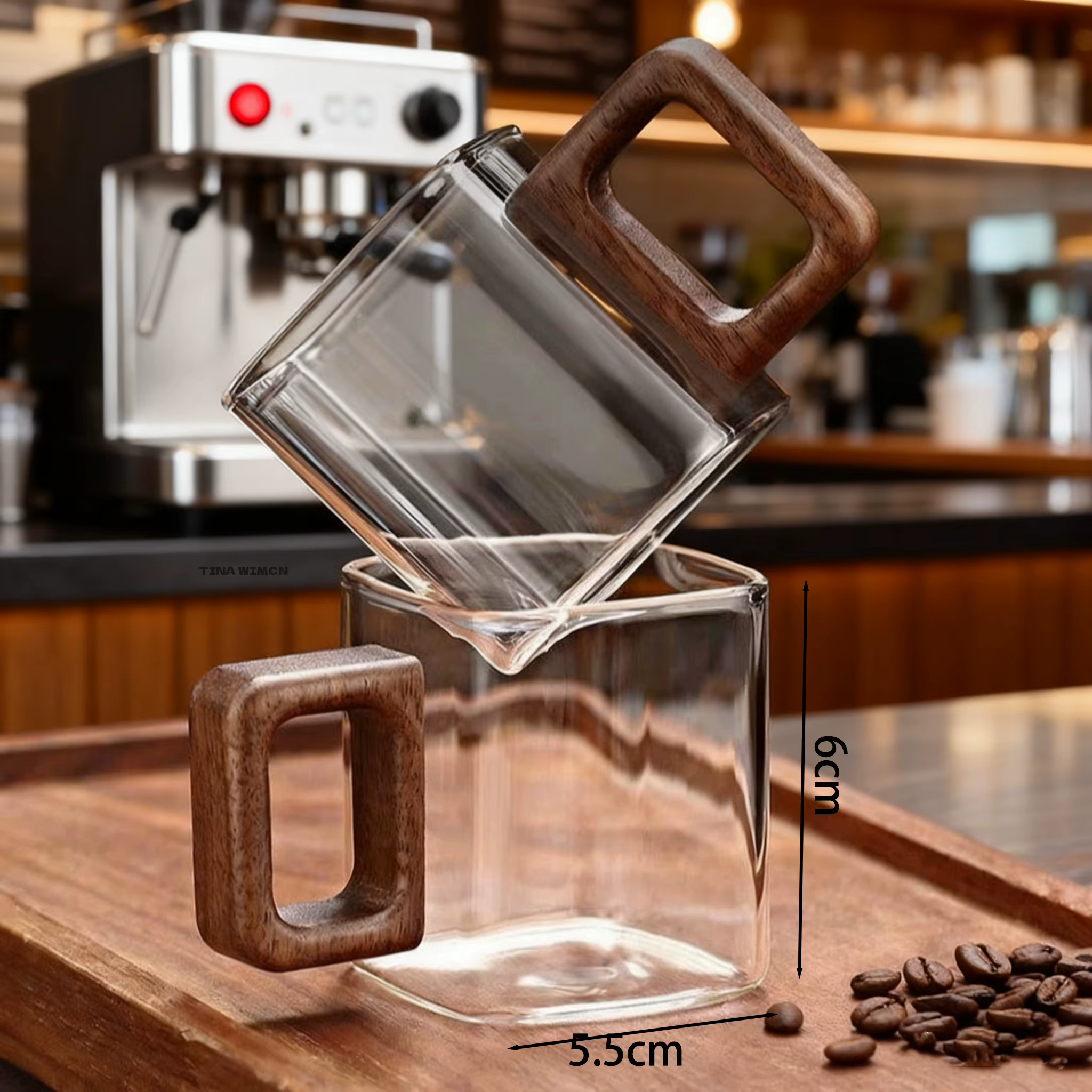 TINA WIMCN 4 pièces 90ml petite capacité tasse à café en verre moulu avec manche en bois de noyer ma
