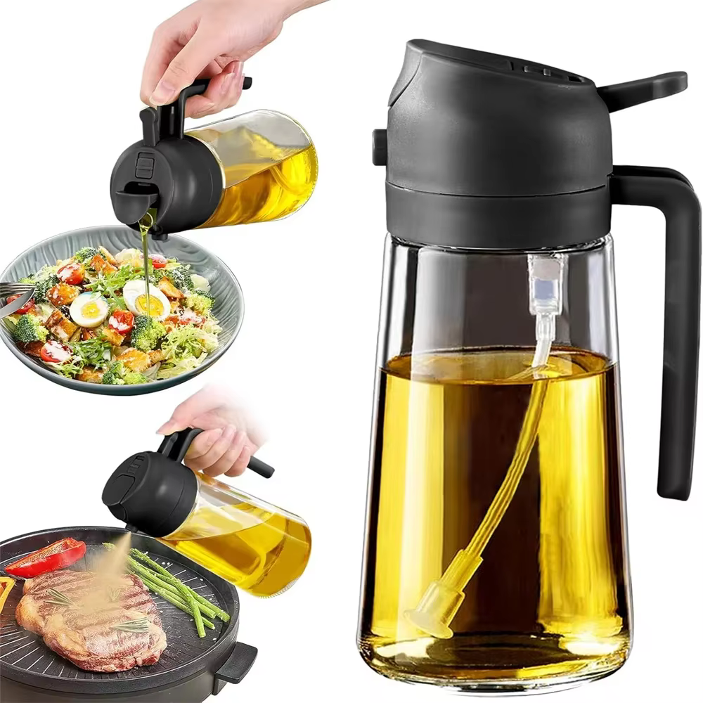 Distributeur d'huile d'olive, 15.8oz/470ml, pulvérisateur et verseur d'huile 2 en 1 pour salades, fr
