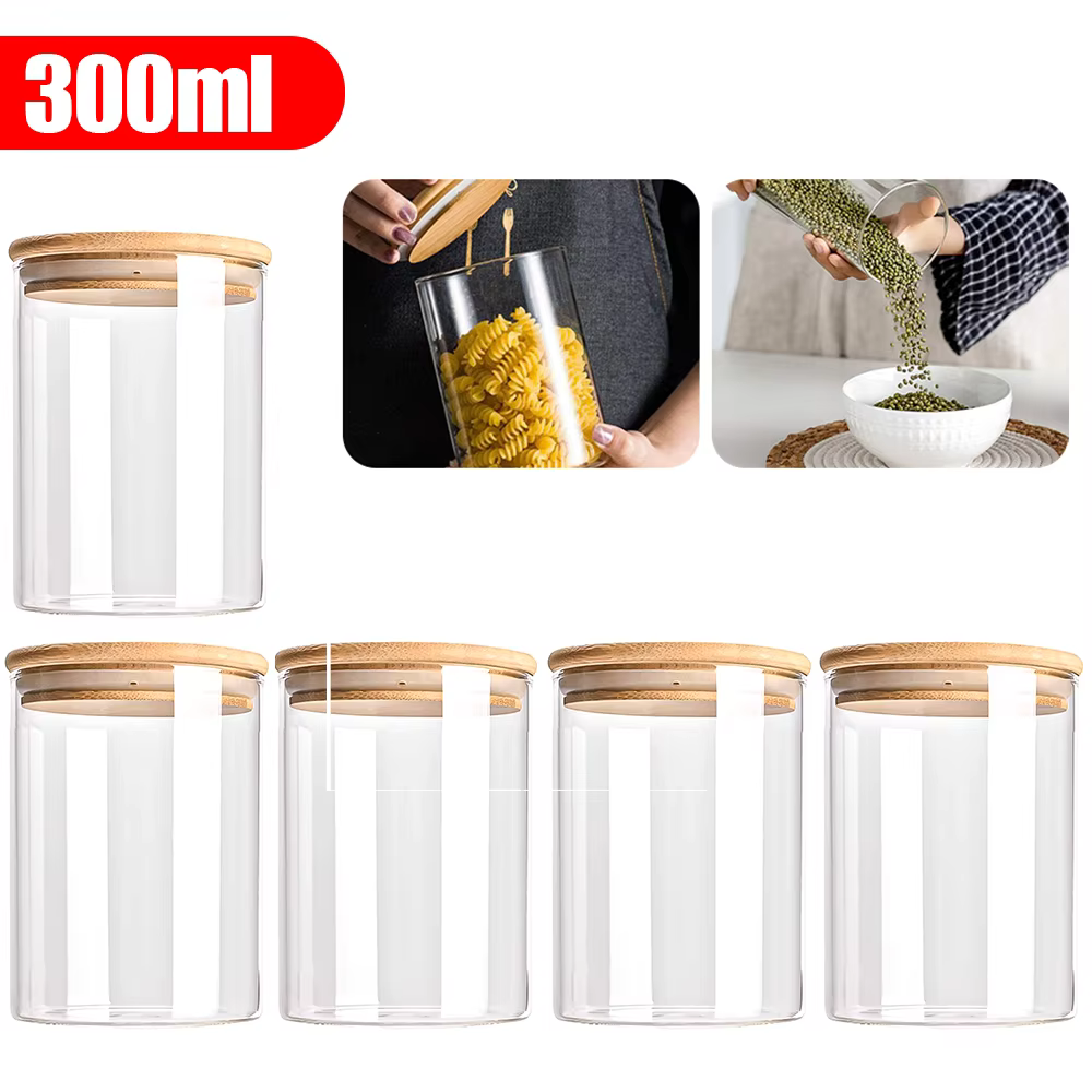 Lot de 5 récipients en verre de 300/550 ml avec couvercle en bois, bocaux de conservation hermétique