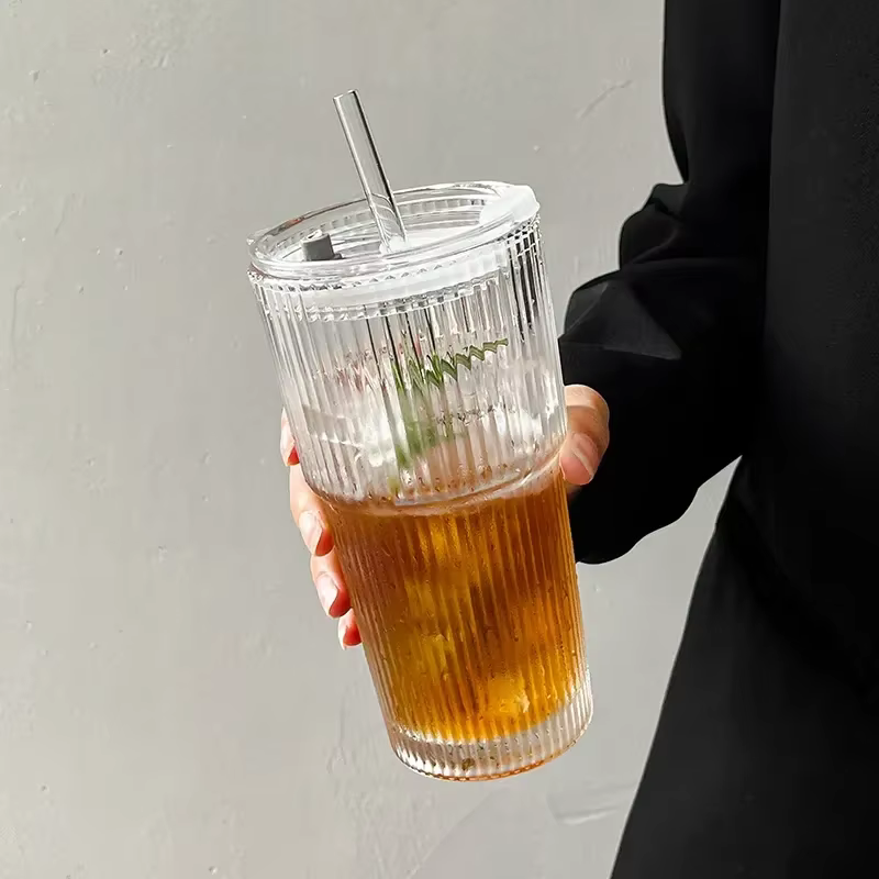 Tasse à café en verre à rayures de 600ML, avec couvercle et paille, verres transparents pour jus, la