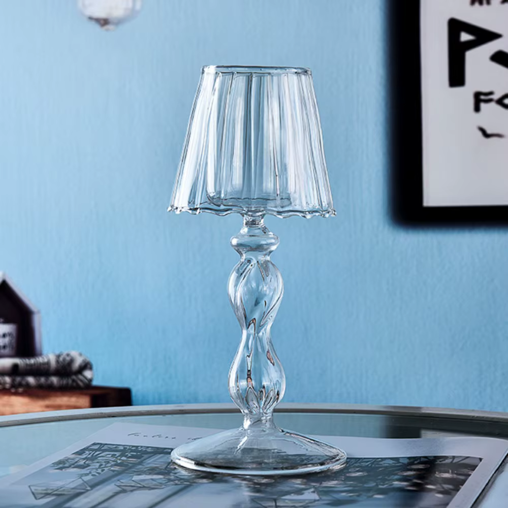 Candélabre en verre à pied haut, rayé, délicat et créatif, en forme de lampe, transparent, artisanal
